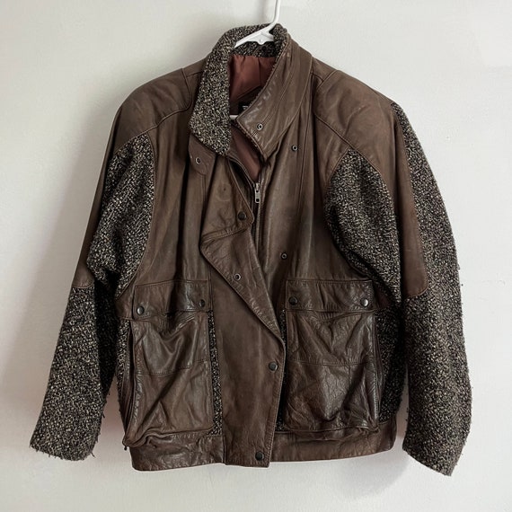 Vintage 1980s Leather & Tweed Wool Blend Jacket by Winlit - Size 7