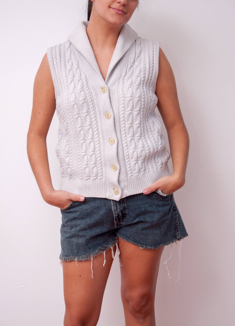 Vintage White Sweater Vest, Button Down Cable Knit, Size Medium image 2