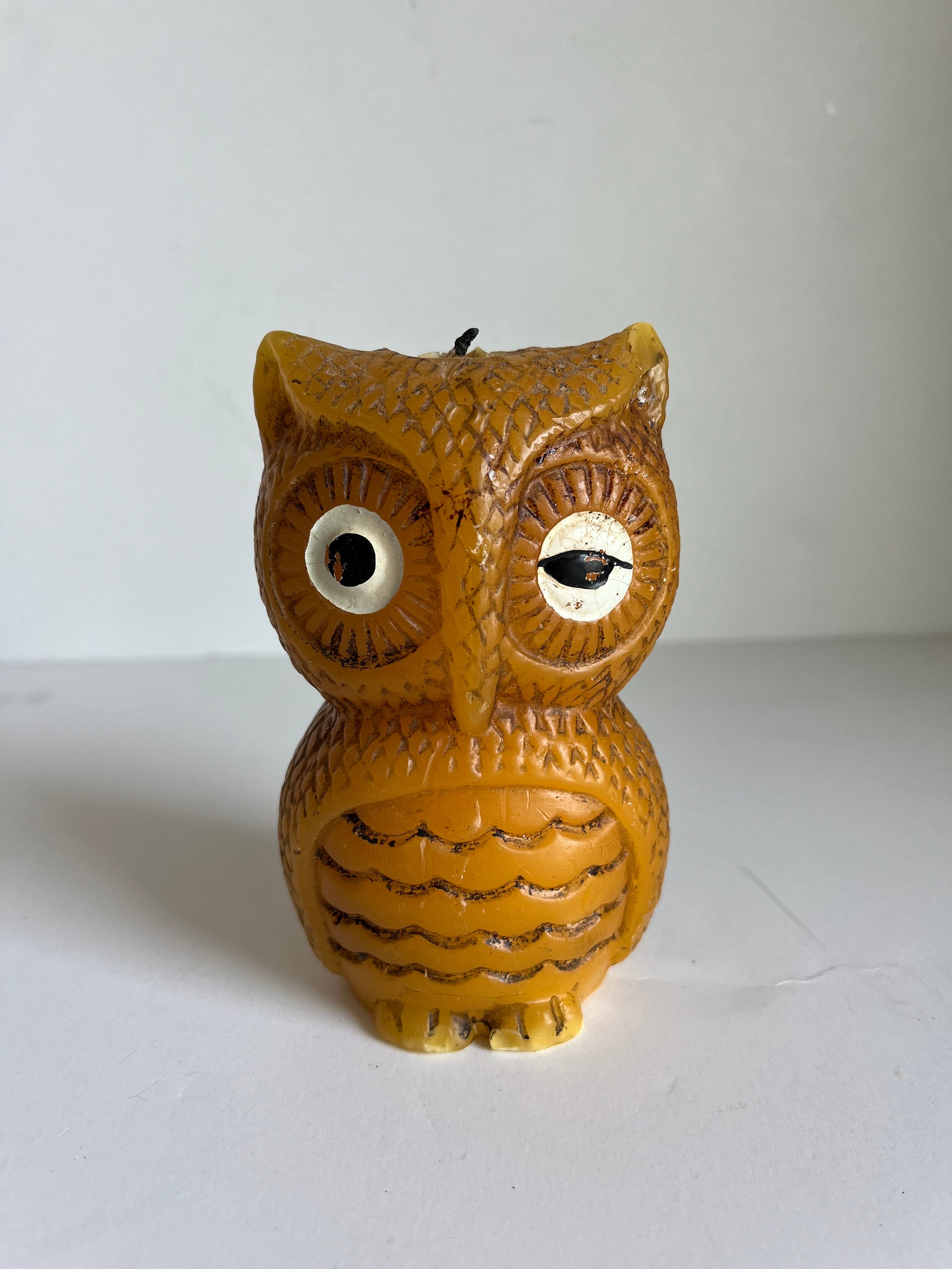 Vintage 1970s Yellow Owl-shaped Candle - Slightly Burned, White