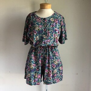 Vintage 1980s Teal Blue Floral Romper with Shoulder Pads Small-Medium-Large image 2