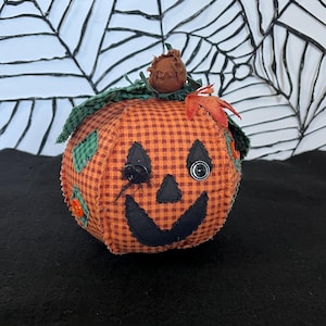 Vintage 1980s Plush Pumpkin with Patchwork Style and Button Eyes, Fabric Details, 6&quot; Diameter x 7&quot; Tall, Halloween Decor