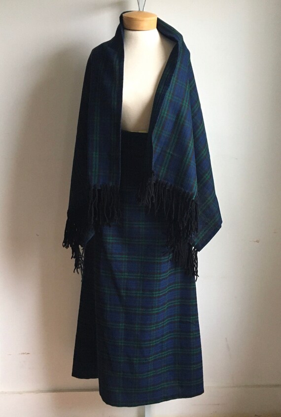 Vintage Green Plaid Skirt and Scarf Set - 1980s XS - image 2