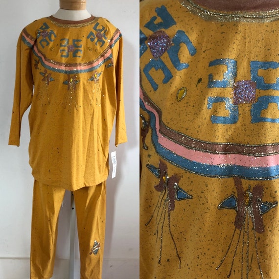 Vintage Hand-Painted Sweatsuit, Yellow 2-Piece Set