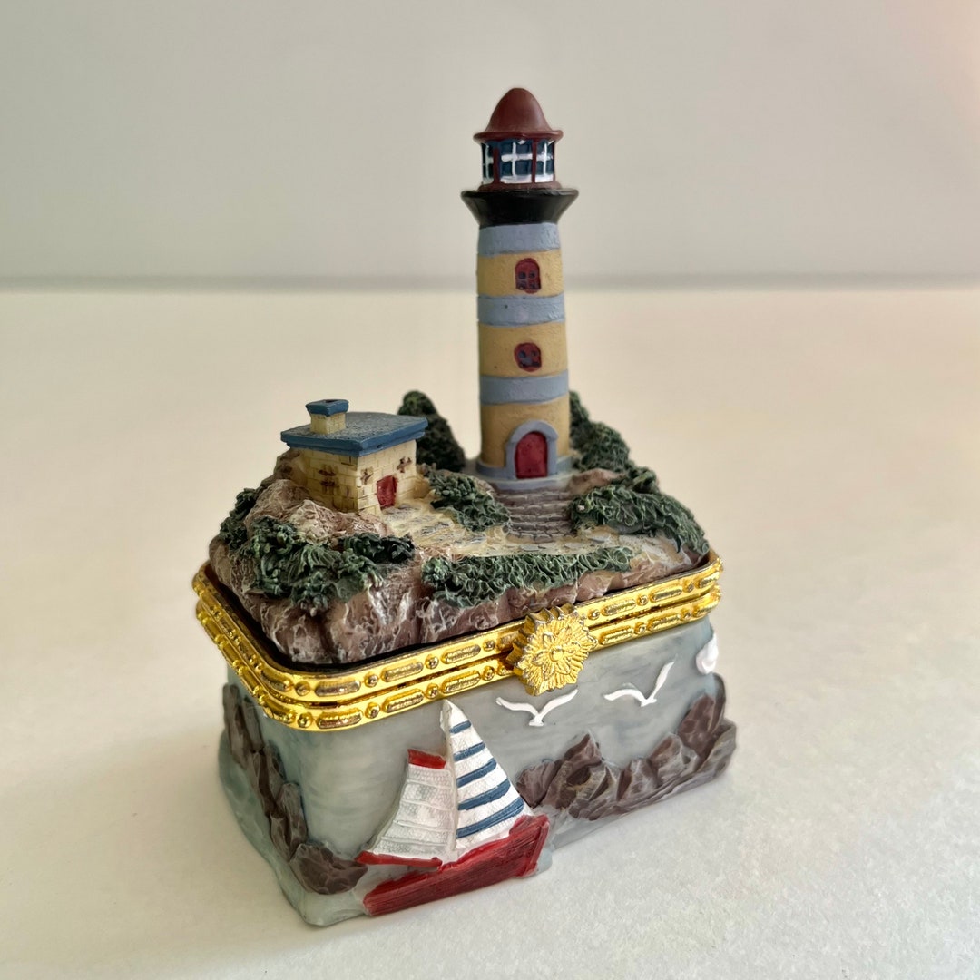 Vintage Hinged Trinket Box Lighthouse and Beach Scene Etsy