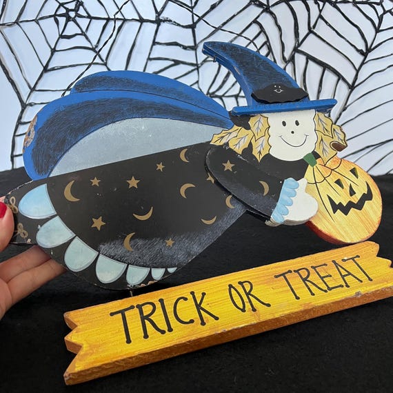 Vintage 1990s Wooden Halloween Sign With Witch, Jack-o-lantern