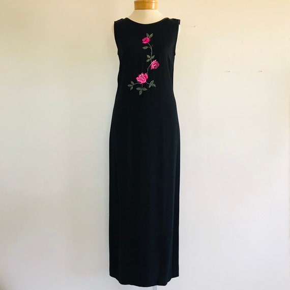 Vintage 90s Floral Maxi Dress, Black with Rose De… - image 5