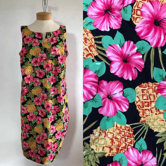 Vintage Floral Print Tank Dress, Black Tropical Va