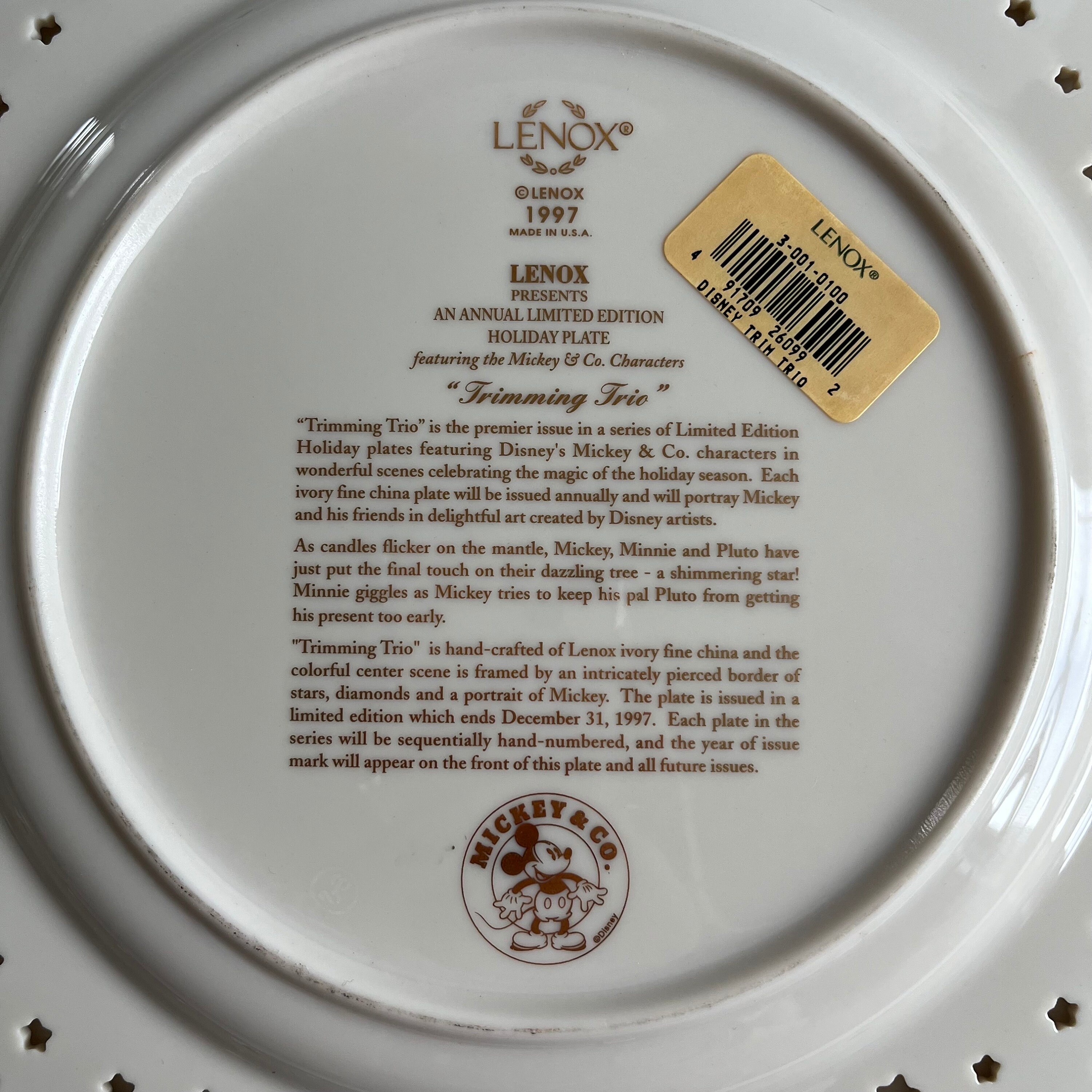 ミッキーマウス サンタ プレート 1997年 Vintage Lenox Disney Collectible Plate, 1997, Mickey & Co