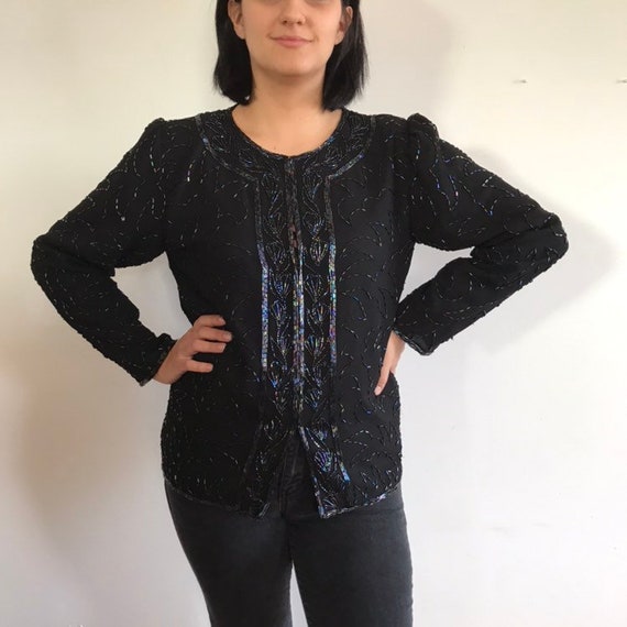 Vintage 1980s Beaded Jacket, Blue Vintage Blazer … - image 1