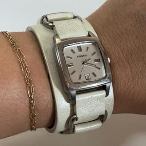 Vintage 1990s/2000s White Leather Fossil Watch, Genuine Leather & Stainless Steel, 9&quot; Adjustable Strap, Untested
