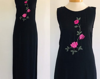 Vintage 90s Floral Maxi Dress, Black with Rose Design, Made in USA