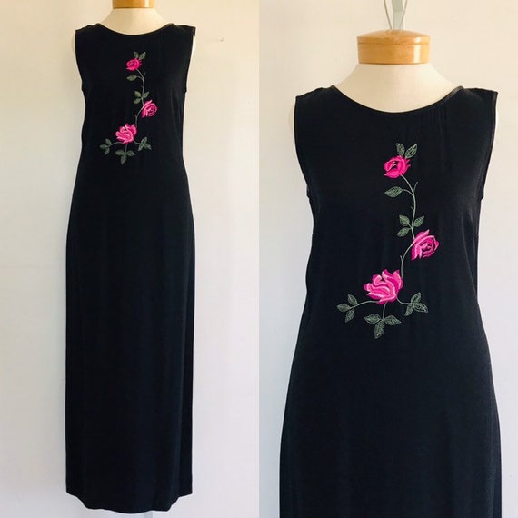 Vintage 90s Floral Maxi Dress, Black with Rose De… - image 1