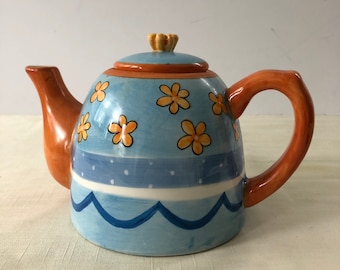 Vintage Godinger Floral Teapot - Charming Blue and Orange Design