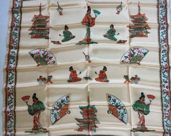 Vintage Peck & Peck Asian Design Acetate Scarf - Beige Square Scarf