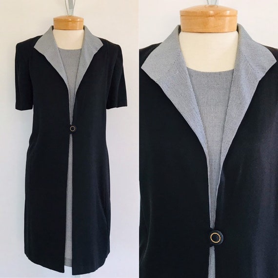 Vintage 1980s Black & Grey Dress, Size 8P, Petite… - image 1