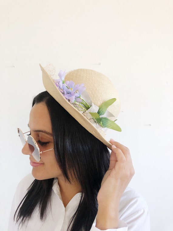 Vintage Floral Hat With Veil - Betmar New York - Tan Hat  display picture 1