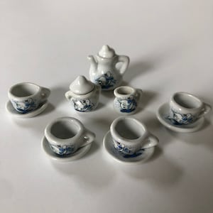 Vintage Miniature Tea Set with Blue Goose Motif - 1970s Tiny Porcelain Collectibles