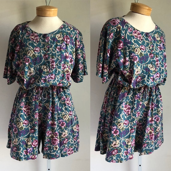 Vintage 1980s Teal Blue Floral Romper with Should… - image 1