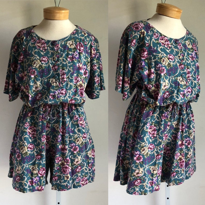 Vintage 1980s Teal Blue Floral Romper with Shoulder Pads Small-Medium-Large image 1