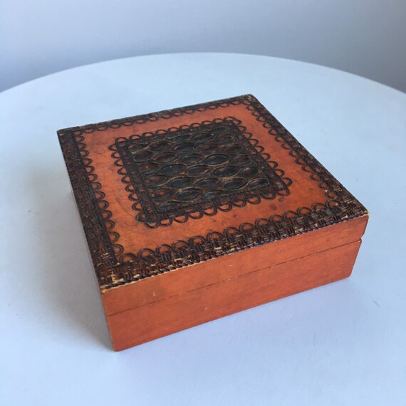Vintage Carved Wooden Jewelry Box in Orange and B… - image 1
