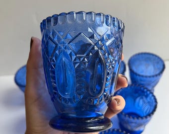 Vintage Cobalt Blue Glasses Candle Holders 4” Footed Cup, Votive Holder Boho Decor