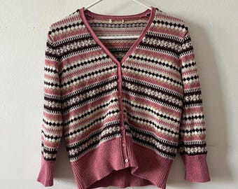 Vintage Fair Isle Cardigan Sweater Pink Brown Button Front Knit Retro Winter Layering Top Cozy 90s Y2K Style