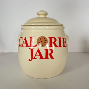 Vintage &quot;Calorie Jar&quot; Ceramic Cookie Jar with Lid, Fun Retro Kitchen Decor, 1980s Cookie Storage, Humor for Sweet Lovers