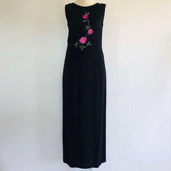 Vintage 90s Floral Maxi Dress, Black with Rose De… - image 4