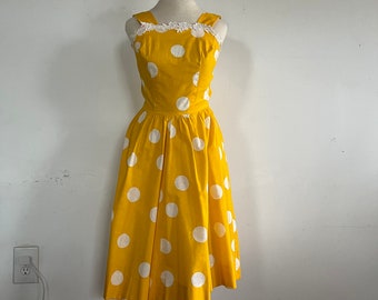 Vintage Polka Dot Dress in Yellow - Handmade 1960s Style - Size XS/S