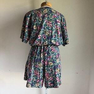 Vintage 1980s Teal Blue Floral Romper with Shoulder Pads Small-Medium-Large image 9