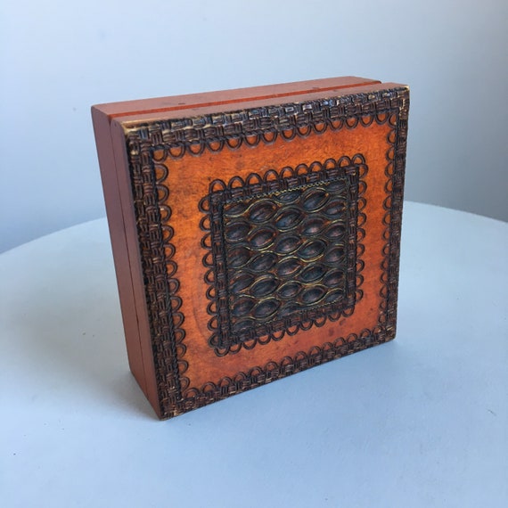 Vintage Carved Wooden Jewelry Box in Orange and B… - image 2