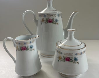 Vintage Remington Fine China Coffee Service Set Coffee Pot Creamer Sugar Bowl Floral Gold Trim Tea Set