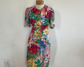 Vintage Rainbow Floral Print Shirtdress, 80s Summer Dress