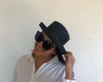 Vintage Blue Hat - Retro Woven Pattern, Curved Brim - 90s  display picture 1