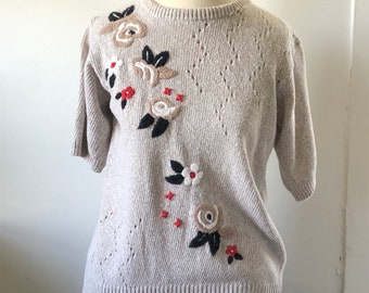 Vintage Floral Short Sleeve Sweater - Alfred Dunner - 1980s Fall/Spring Fashion