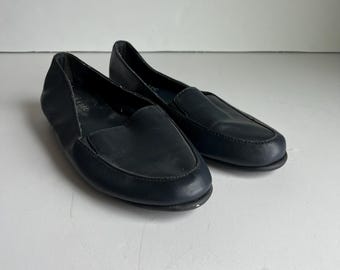 Vintage Blue Leather Slip-On Loafers, Size 7W, Classic Basic Editions Shoes, Wide Fit, Minimalist Style