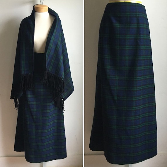 Vintage Green Plaid Skirt and Scarf Set - 1980s XS - image 1