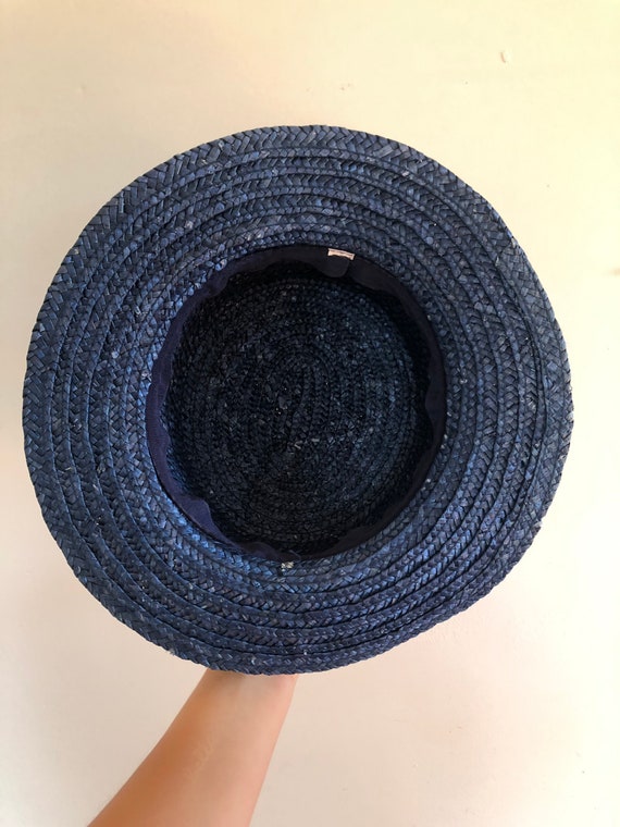 Vintage Blue Straw Hat - Wide Brim - Retro 90s Fa… - image 6