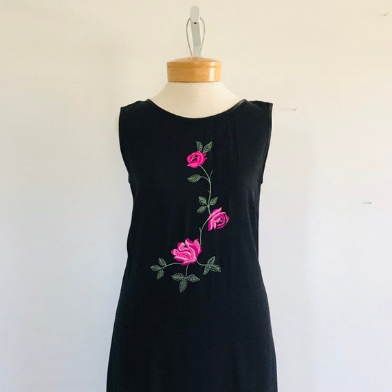 Vintage 90s Floral Maxi Dress, Black with Rose De… - image 8