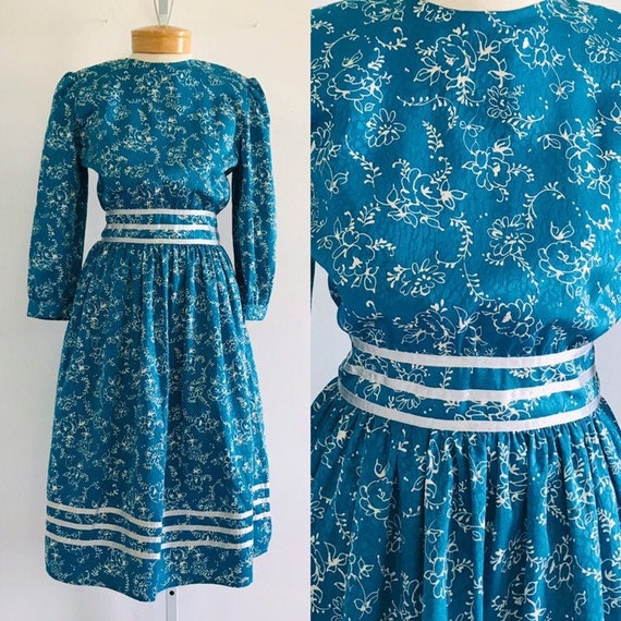 vtg blue floral dress, vintage blue floral print d