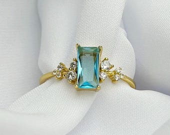 Vintage Gold Aquamarine Ring Cocktail by Gigi Wonderer • Light Blue Baguette Ring • Dainty Diamond Engagement Ring March Birthstone Jewelry