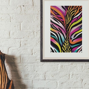 Poster colorato sulla fauna selvatica della giungla | Murale con ottica zebra | Arte astratta degli animali | Stampa artistica Safari | Moderno e colorato | La1 La2 La3 La4