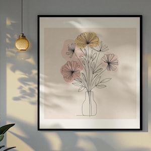 Póster floral para decoración de pared – Impresión artística de líneas finas – Arte floral para pared – Estética escandinava – Cuadro de jarrón bohemio – Rosa, amarillo y beige – Sin marco
