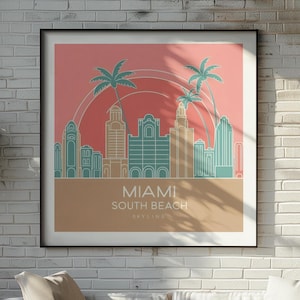 Poster Art Deco di Miami South Beach – Arte murale con skyline retrò in stile vintage anni '80 | Senza cornice, Quadrato | Qualità della carta opaca