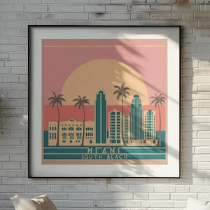 Poster ispirato a Miami South Beach: quadro da parete con skyline retrò in colori pastello | Stampa Art Déco senza cornice | Poster vintage della Florida quadrato opaco