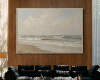 Ocean Waves Seascape Canvas Print, Coastal Neutral Beach House Wall Art (Digital Download)