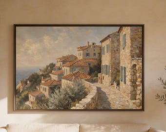 Mediterranean Coastal Village Printable Wall Art, Italian Seaside Digital Download, Vintage Coastal Landscape