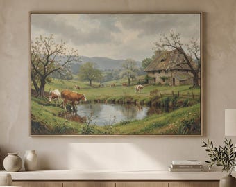 Countryside Farm Printable Wall Art, Rustic Pastoral Landscape Digital Download, Farmhouse Country Print