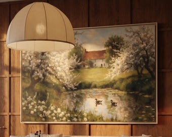 Vintage Orchard Landscape Printable Wall Art, Countryside Digital Download, Soft Pastoral Fruit Tree Print