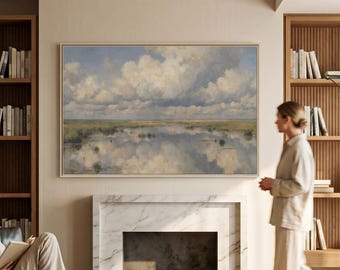 Panoramic Marshland Printable Wall Art, Wide Coastal Landscape Digital Download, Neutral Nature Print